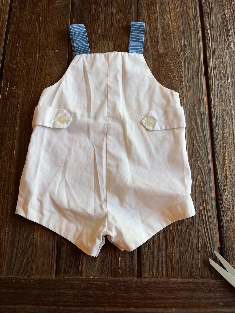 Sail Boat Boys Romper Shortall Overall Vintage 90s Blue Pinstripe Nautical 18 Mo